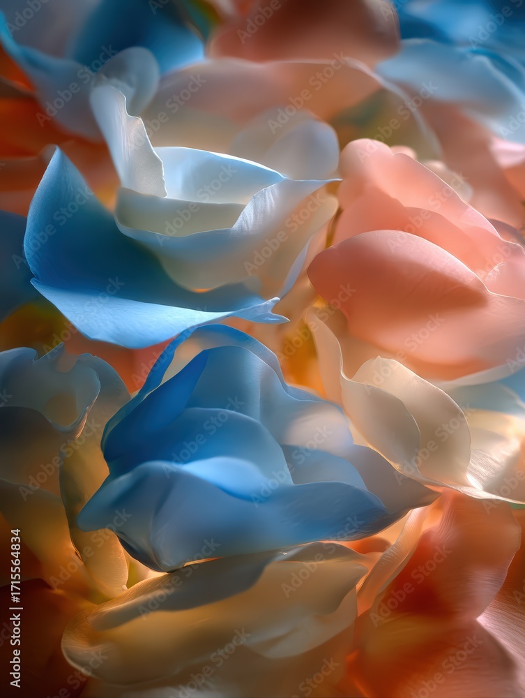 Poster Softly illuminated blue and peach floral petals create a dreamy and romantic abstract background with gentle depth of field and a serene feel.