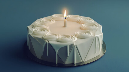 Modern geometric-style cake with sharp edges, soft white icing drip just at corners, neat piped frosting swirls, and a sleek candle in the center, on a matte blue background,