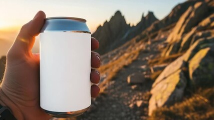 Can in hand against mountain ridge at sunset - Powered by Adobe