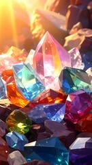 Vibrant gemstones sparkle with light, showcasing dazzling colors and facets, perfect for luxury, fantasy, and design projects