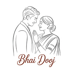 Line drawing of Bhai Dooj ritual with sister in traditional attire blessing her brother, both facing each other with gentle expressions