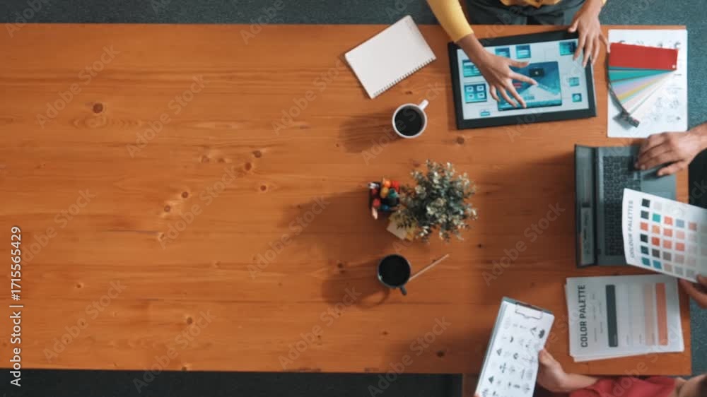 Aufkleber top aerial view of business people working together to choosing color from color palette. manager pr