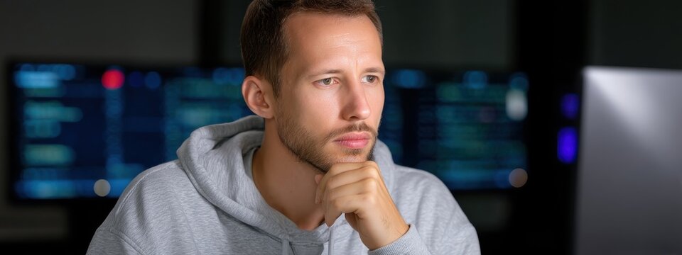 Thoughtful man in hoodie working on computer in a modern office