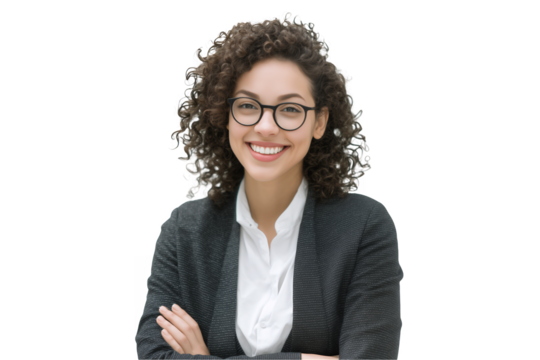 Portrait of a cheerful young business woman wearing eyeglasses on white and transparent background, concept for business profile, personal branding and corporate website