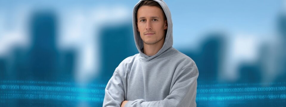 Confident Young Man in Hoodie Posing Against Urban Background