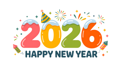 Colorful 2026 new year celebration graphic with cartoon numbers party hat fireworks and rockets against a perfect for holiday greetings and festive designs for the new year