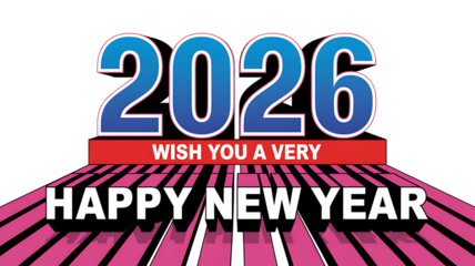 Vibrant 2026 new year celebration graphic with bold blue numbers and a festive message wishing everyone a very happy new year on a dynamic pink and black striped background for holiday cheer