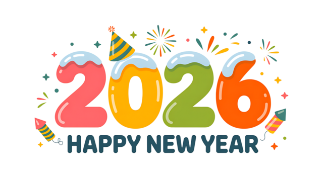 Colorful 2026 new year celebration graphic with cartoon numbers party hat fireworks and rockets against a perfect for holiday greetings and festive designs for the new year