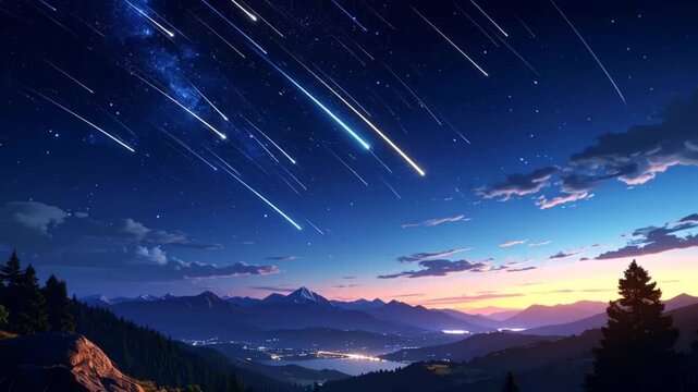 Night Sky Meteor Shower Over Mountain Landscape