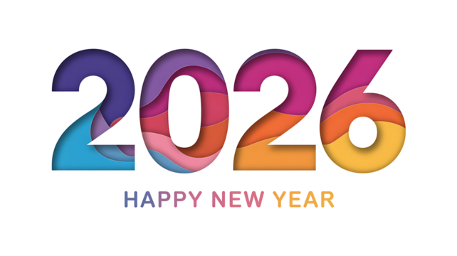 Colorful 2026 happy new year greeting card design with layered paper cut effect perfect for new year celebrations and festive season greetings wishing everyone a happy new year
