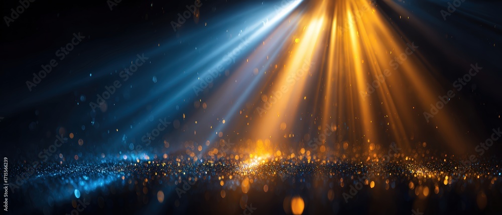 Poster golden and blue light rays illuminate a dark stage floor with shimme sparkles creating a magical and