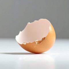 Broken egg shell, light beige color, cracked, on white surface