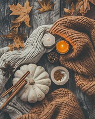 Cozy autumn flat lay with pumpkin and candles