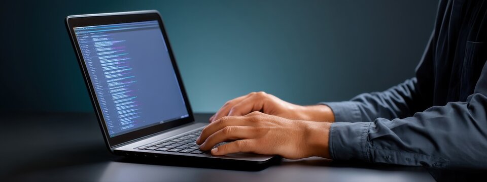 Hands Typing on Laptop with Code on Screen in Modern Workspace