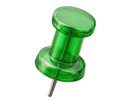 Close-up of a green pushpin on a white background.