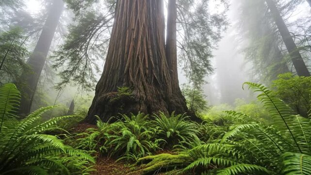 A majestic, giant tree stands tall within a primeval, old-growth forest, its massive trunk disappearing into the dense morning fog. Lush green ferns and moss blanket the forest floor, creating a seren