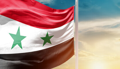 Syria national flag waving in an amazing sunlight. National flag waving on mast.
