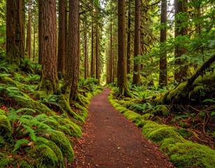 Fototapeta premium A winding path meanders through a lush, mossy forest, bathed in the soft light filtering through towering trees.