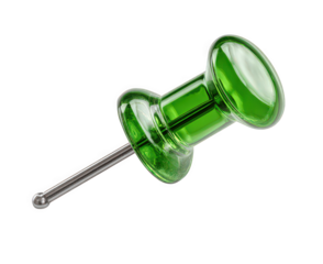 Green glass pushpin with a shiny metal tip.