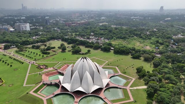 Aerial shot of Lotus Temple Bah&aacute;ʼ&iacute; House of Worship in New Delhi, India