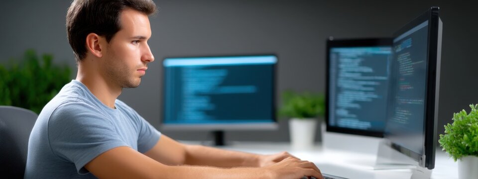 Focused Programmer Working on Code with Dual Computer Screens