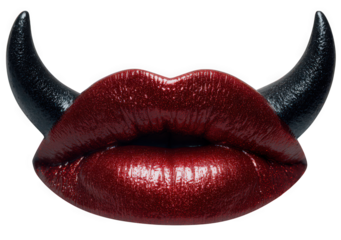 Vampire-inspired lips with black horns, bold and striking.