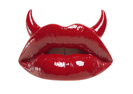 Red lips with playful devil horns, striking and bold appearance.