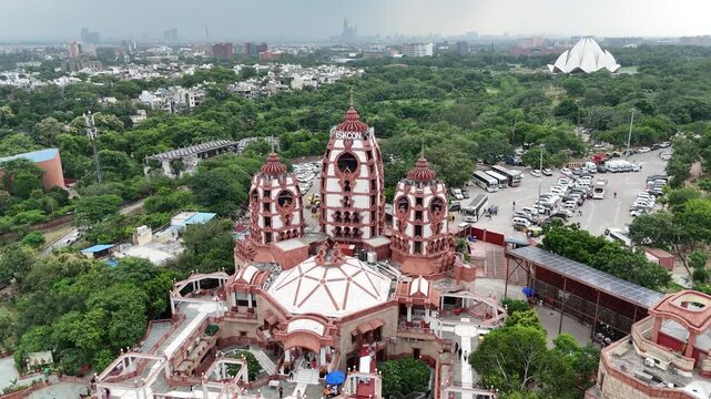 Aerial Drone shot of Iskon Temple  in New Delhi India International Society for Krishna Consciousness Hare Krishna Gaudiya Vaishnava 