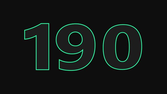 glowing text 190 number countdown icon on black background 4k animation.