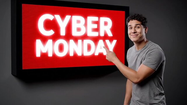 Young man excitedly announces Cyber Monday deals with glowing red sign background