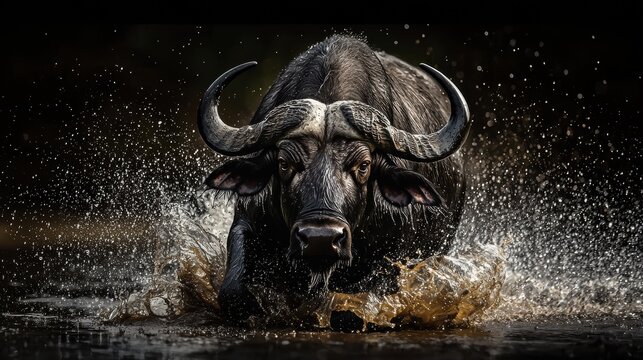 African buffalo charging in water splash