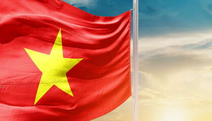 Vietnam national flag waving in an amazing sunlight. National flag waving on mast.