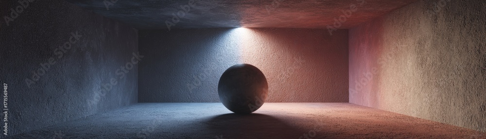 Poster a solitary sphere rests within a stark concrete room illuminated by contrasting cool and warm light 