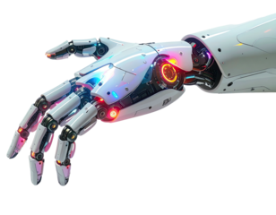 Close-up of a robotic hand, white with glowing, colorful internal mechanisms