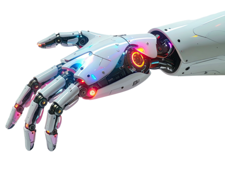Close-up of a robotic hand, white with glowing, colorful internal mechanisms
