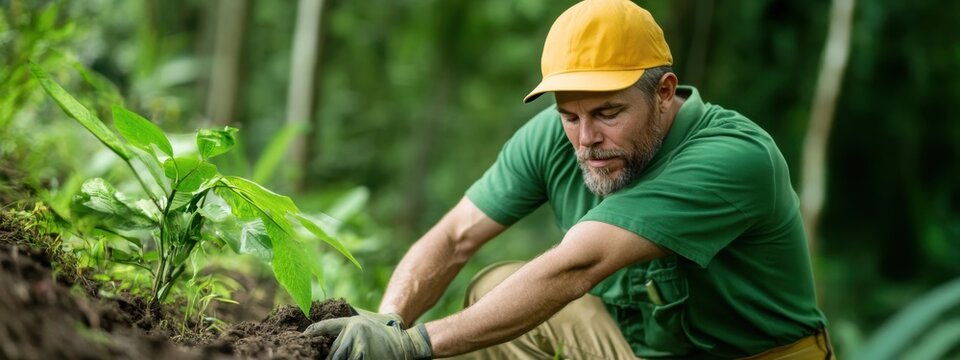 Man in Yellow Hat Engaged in Gardening and Planting Activity