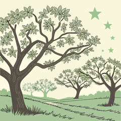 Obraz premium Vector art of a serene landscape featuring stylized trees and stars, evoking a sense of peace, nature, and wonder, perfect for backgrounds, illustrations, and designs with a touch of whimsy