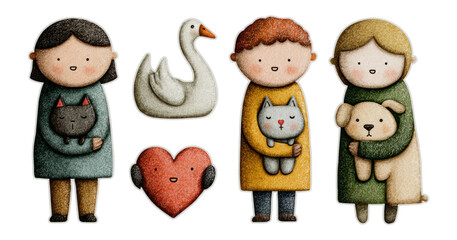 Fototapeta premium Charming Illustrations of Children with Pets and Animals on Transparent Background