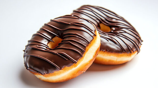 A close-up of two chocolate-dipped donuts with chocolate drizzle detail, angled slightly toward the camera, shadows falling naturally on a white background,