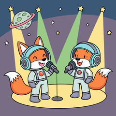 Vector art of a whimsical cartoon illustration features two foxes dressed as astronauts, singing into microphones on a stage, with a planet and stars in the background