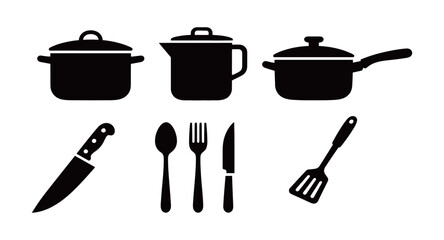 Set of various kitchen utensils and pots silhouettes. Black and white vector icons isolated on a white background.