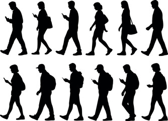 Diverse silhouettes of people walking with smartphones commuting urban street scene casual lifestyle diverse group vector