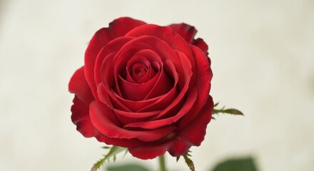 Close-up of a vibrant red rose.  Petals tightly clustered, deep crimson color.  Soft focus background