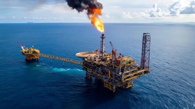 Offshore Oil Rig Platform Burning Gas Flare in Ocean