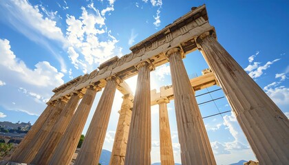 Naklejka premium Ancient columns of a historical temple, reaching towards a vibrant, cloud-filled sky, create a powerful and majestic scene.