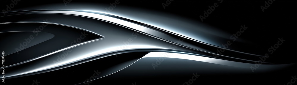 Poster an abstract dark background shows dynamic, wavy, and reflective surfaces with a futuristic metallic 