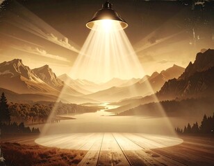A golden light illuminates a tranquil mountain vista overlooking a serene lake, showcasing a wooden platform for a presentation.