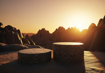 Two circular stone podiums placed on rugged desert rocks under glowing sunset sky for dramatic mockup scene