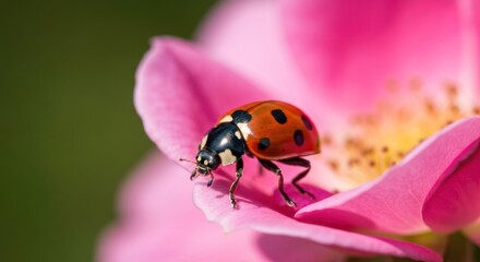 Obraz premium Ladybug on a pink rose petal. Close-up view of a ladybug, with red and black spots, perched on a vibrant pink rose petal. Soft green background