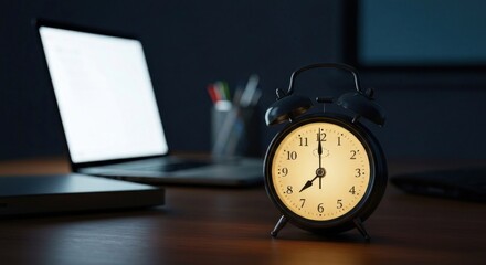 Late-night work desk with alarm clock